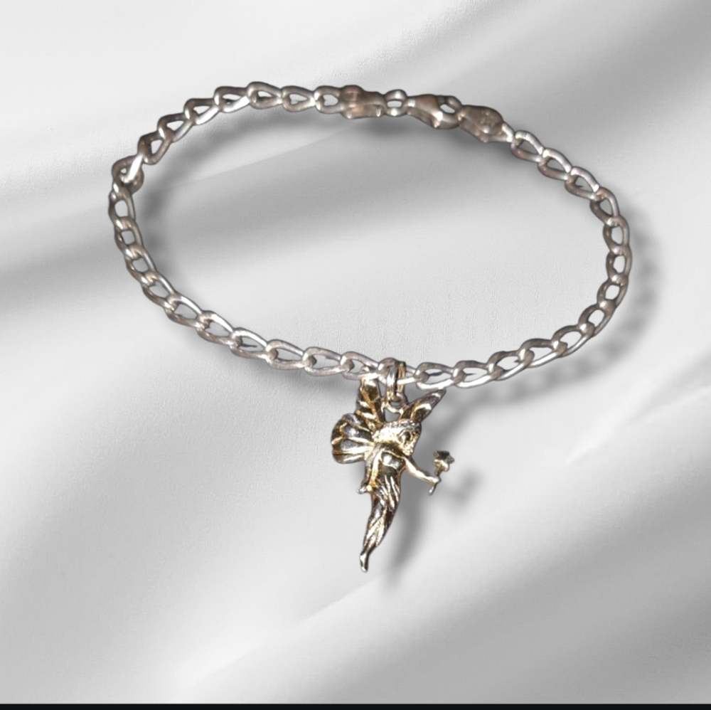Sterling signed fairy 925 two tone charm and Sterling charm link bracelet 7"